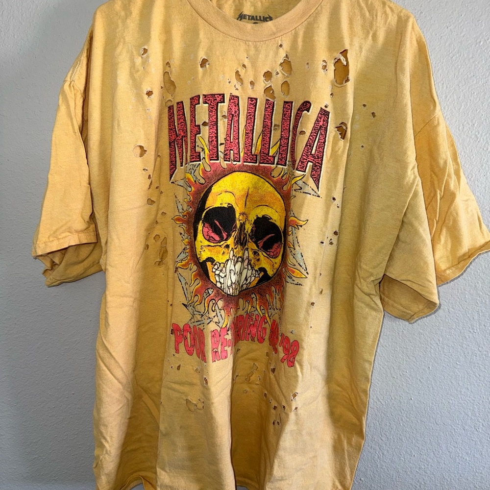 UO Metallica Distressed Yellow Graphic T-Shirt